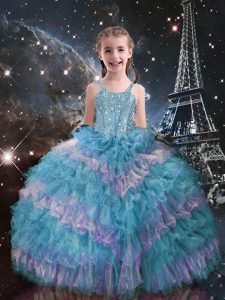 Fashionable Floor Length Lace Up Little Girl Pageant Gowns Teal for Quinceanera and Wedding Party with Beading and Ruffl