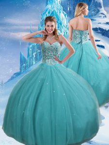 Aqua Blue Ball Gowns Sweetheart Sleeveless Tulle Floor Length Lace Up Beading and Sequins 15 Quinceanera Dress