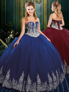 Navy Blue Lace Up Sweetheart Appliques 15th Birthday Dress Tulle Sleeveless