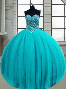 Decent Aqua Blue Tulle Lace Up Ball Gown Prom Dress Sleeveless Floor Length Beading