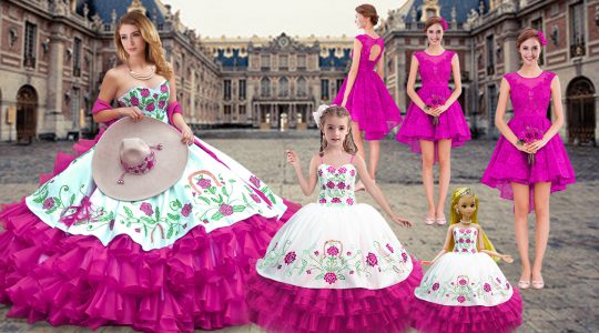 Gorgeous Fuchsia Ball Gowns Embroidery and Ruffled Layers Sweet 16 Quinceanera Dress Lace Up Organza Sleeveless Floor Le