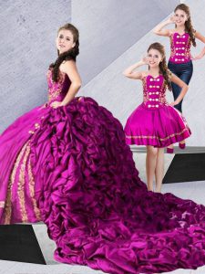 Fuchsia Ball Gowns Sweetheart Sleeveless Taffeta Court Train Lace Up Embroidery and Pick Ups Quinceanera Gowns