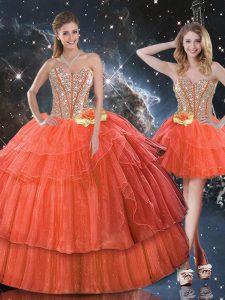 Sweetheart Sleeveless Sweet 16 Dress Floor Length Ruffled Layers and Sequins Rust Red Organza