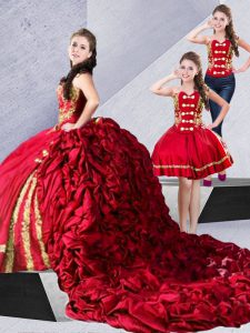 Wine Red Sleeveless Taffeta Court Train Lace Up Quince Ball Gowns for Military Ball and Sweet 16 and Quinceanera