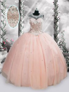 Pink Sleeveless Tulle Lace Up Quinceanera Dress for Military Ball and Sweet 16 and Quinceanera