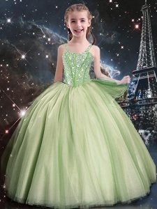 Discount Ball Gowns Straps Sleeveless Tulle Floor Length Lace Up Beading Little Girl Pageant Gowns