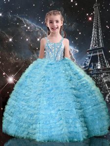 Aqua Blue Tulle Lace Up Straps Sleeveless Floor Length Custom Made Pageant Dress Beading and Ruffled Layers