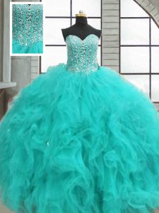 Great Turquoise Sweetheart Neckline Beading and Ruffles 15th Birthday Dress Sleeveless Lace Up