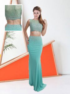 Turquoise Two Pieces Scoop Sleeveless Chiffon Floor Length Zipper Beading Prom Party Dress