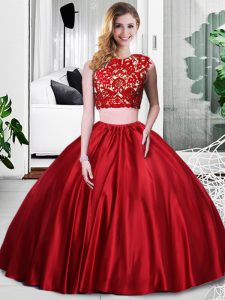 Admirable Sleeveless Floor Length Lace and Ruching Zipper 15th Birthday Dress with Wine Red