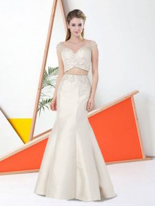 Shining Champagne Satin Zipper V-neck Sleeveless Floor Length Prom Evening Gown Beading