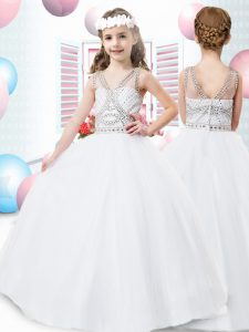 Custom Made White Ball Gowns Tulle V-neck Sleeveless Beading Floor Length Zipper Little Girl Pageant Dress