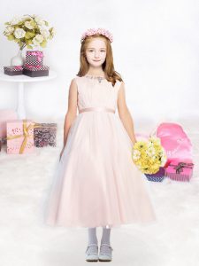 Fancy A-line Flower Girl Dresses Baby Pink Scoop Tulle Sleeveless Tea Length Zipper