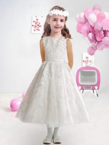 White Organza Clasp Handle Scoop Sleeveless Tea Length Toddler Flower Girl Dress Appliques