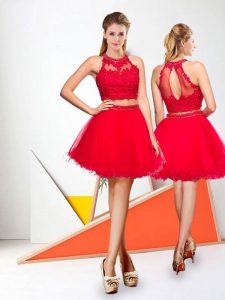 Eye-catching Red Organza Clasp Handle Prom Dress Sleeveless Mini Length Beading and Lace