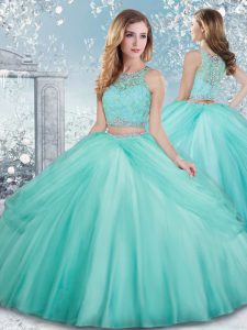 Floor Length Aqua Blue Quince Ball Gowns Tulle Sleeveless Beading and Lace