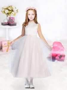 Captivating Baby Pink A-line Scoop Sleeveless Tulle Tea Length Zipper Bowknot Flower Girl Dress