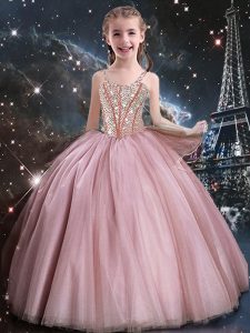Baby Pink Ball Gowns Straps Sleeveless Tulle Floor Length Lace Up Beading Pageant Dress for Girls