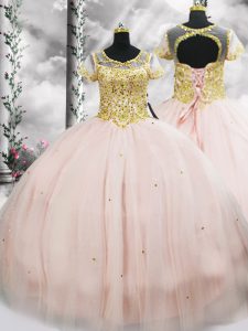 Fabulous Pink Lace Up Quince Ball Gowns Beading Short Sleeves Floor Length