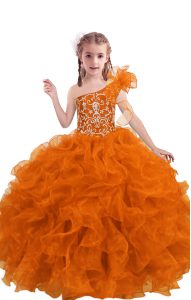 Sleeveless Floor Length Beading and Ruffles Lace Up Child Pageant Dress with Orange Red