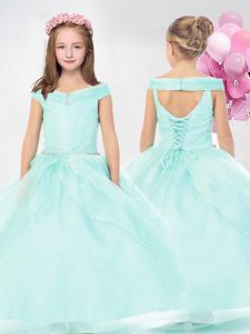 New Arrival Aqua Blue Off The Shoulder Lace Up Beading and Ruching Pageant Gowns For Girls Sleeveless