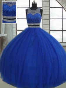Royal Blue Tulle Clasp Handle Scoop Sleeveless Floor Length Quinceanera Gown Beading and Sequins
