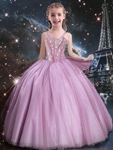 Floor Length Rose Pink Child Pageant Dress Tulle Sleeveless Beading