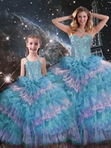 Beading and Ruffled Layers Vestidos de Quinceanera Multi-color Lace Up Sleeveless Floor Length