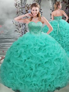 Sleeveless Fabric With Rolling Flowers Brush Train Lace Up Quinceanera Dress in Turquoise with Beading