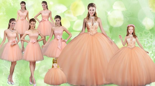 Floor Length Peach Wedding Gowns Tulle Sleeveless Beading