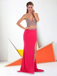 Modest Hot Pink Two Pieces Beading Dress for Prom Clasp Handle Chiffon Sleeveless Floor Length