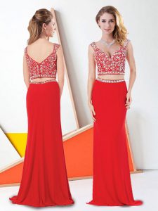 Customized Red Two Pieces Chiffon Straps Sleeveless Beading Floor Length Zipper Homecoming Dress