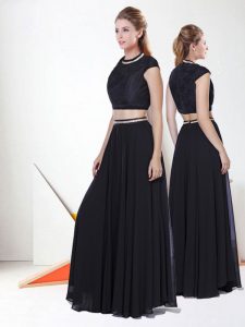 Black Two Pieces Chiffon Scoop Cap Sleeves Beading Floor Length Zipper Dress for Prom