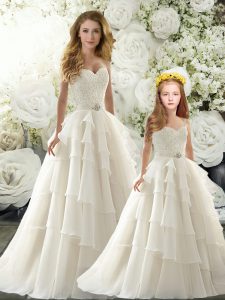 Fancy Sleeveless Beading and Lace and Ruffled Layers Zipper Wedding Gown