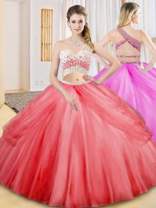 Coral Red Sleeveless Floor Length Beading and Ruching and Pick Ups Criss Cross Sweet 16 Dresses