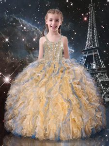 Champagne Lace Up Straps Beading and Ruffles Little Girl Pageant Gowns Organza Sleeveless