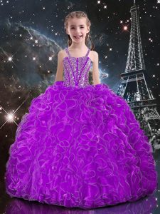 Adorable Eggplant Purple Organza Lace Up Straps Sleeveless Floor Length Pageant Dresses Beading and Ruffles