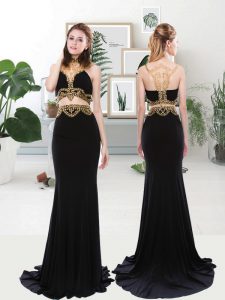 Black High-neck Neckline Beading Prom Gown Sleeveless Zipper