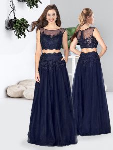 Sophisticated Black Tulle Zipper Scoop Sleeveless Floor Length Prom Dresses Lace