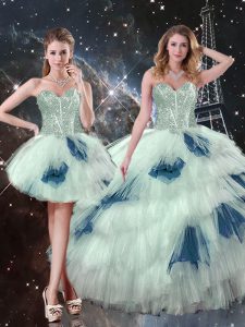 Luxurious Three Pieces Quinceanera Dresses Blue And White Sweetheart Tulle Sleeveless Floor Length Lace Up
