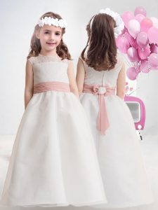 Enchanting Lace and Bowknot Flower Girl Dresses for Less White Zipper Sleeveless Floor Length