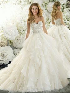 Popular Sweetheart Sleeveless Chiffon Wedding Dress Beading and Ruffles Brush Train Zipper