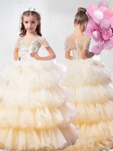 Classical Champagne Square Neckline Beading and Ruffled Layers Kids Pageant Dress Short Sleeves Clasp Handle