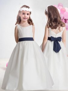 New Style White A-line Taffeta Scoop Sleeveless Lace and Bowknot Floor Length Clasp Handle Toddler Flower Girl Dress
