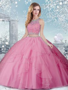New Style Rose Pink Sweet 16 Dresses Military Ball and Sweet 16 and Quinceanera with Beading Scoop Sleeveless Clasp Hand