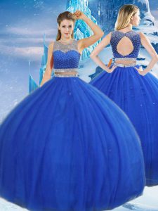Elegant Scoop Sleeveless 15th Birthday Dress Asymmetrical Beading and Sequins Royal Blue Tulle