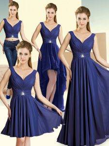 Super Sleeveless Floor Length Beading Zipper Wedding Guest Dresses with Royal Blue