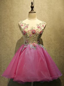 Affordable Hot Pink Organza Lace Up Prom Party Dress Sleeveless Mini Length Embroidery