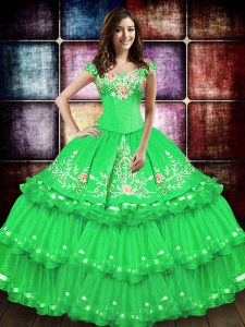 New Arrival Green Ball Gowns Taffeta Off The Shoulder Sleeveless Embroidery and Ruffled Layers Floor Length Lace Up Swee