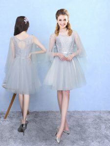 Silver Half Sleeves Tulle Lace Up Bridesmaid Dress for Wedding Party